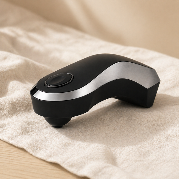 OligoScan handheld diagnostic device on cream linen — ergonomic black-and-silver scanner for non-invasive mineral analysis
