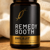 Macro detail of RemedyBooth Shilajit front label — Heavy Metal Tested, USA Made, 85+ Trace Minerals