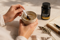 Hands stirring Shilajit resin into a clay cup of warm water, jar and journal in soft focus — morning ritual on cream stone counter