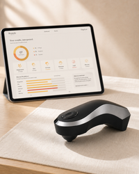 OligoScan device beside tablet showing personalized mineral and heavy-metal results dashboard in cream and mustard palette