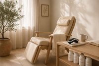 RemedyBooth Sarasota wellness clinic interior — oak treatment chair, OligoScan device, supplement line, olive tree